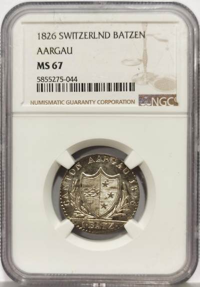 博洋堂世界钱币拍卖第165期（全场包邮） - NGC MS67 瑞士阿尔高1826年Batzen银币，冠军分！