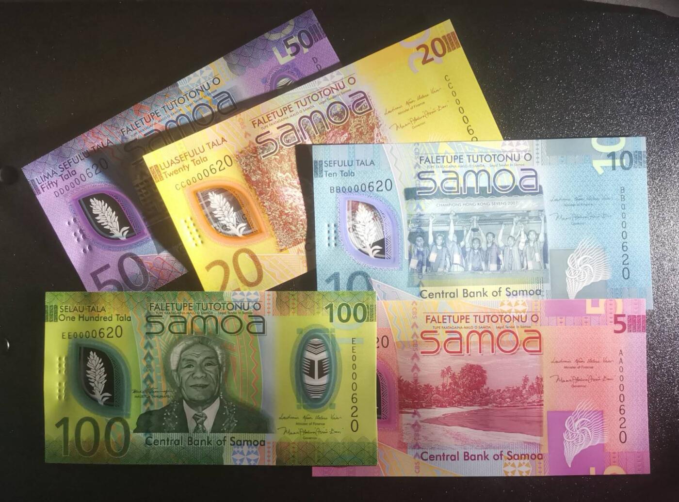 《艾美收藏》第237期-3.22周日外币强钞白金场 (5张全同百位620号全偶)萨摩亚23/25年首发AA/BB/CC/DD/EE冠5/10/20/50/100塔拉UNC绝品