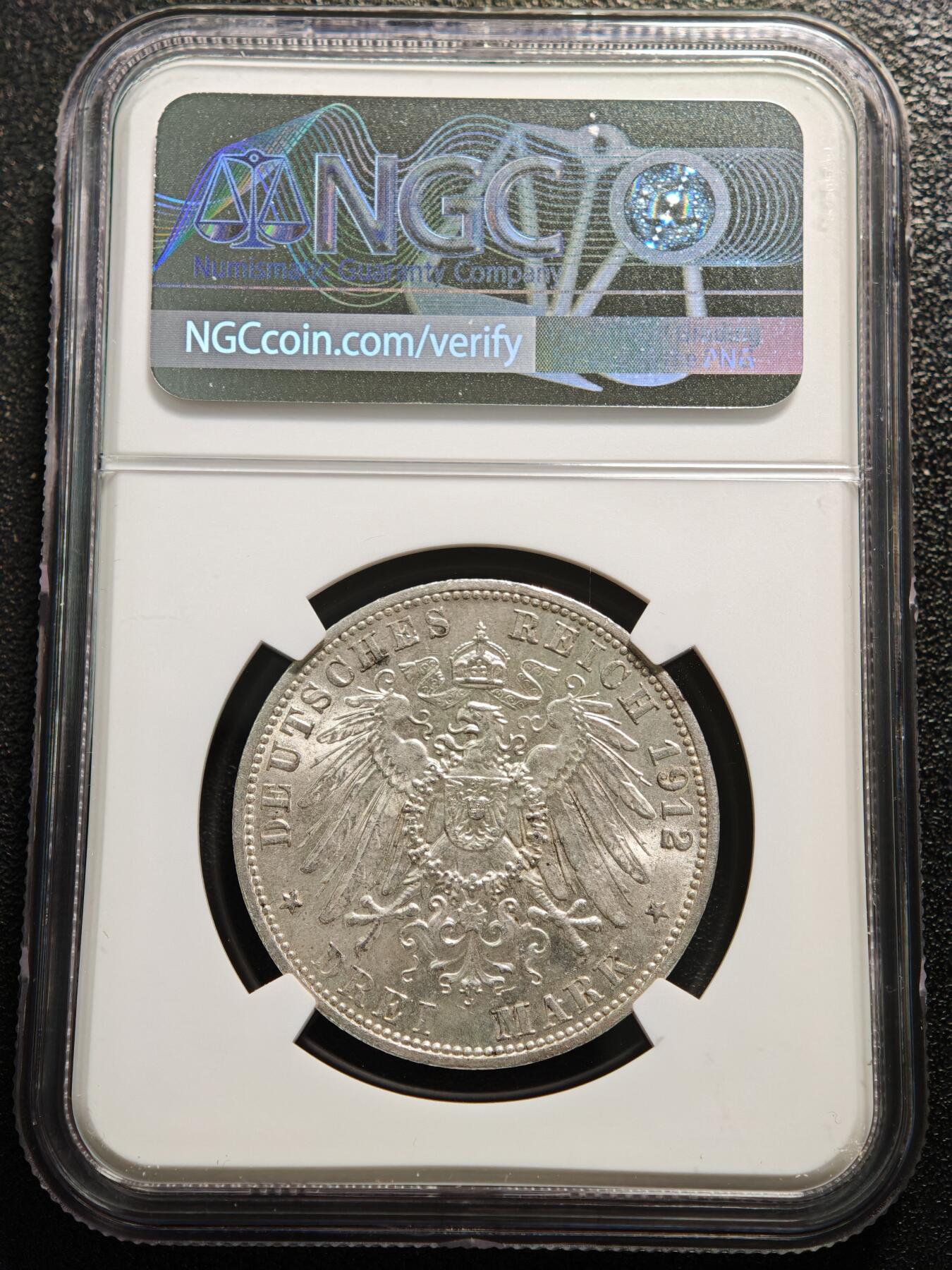 【德藏】世界币章拍卖第168期（拍品征集中~欢迎藏友联系） 1912年 德国普鲁士威廉二世3马克银币 NGC MS63 原光极强