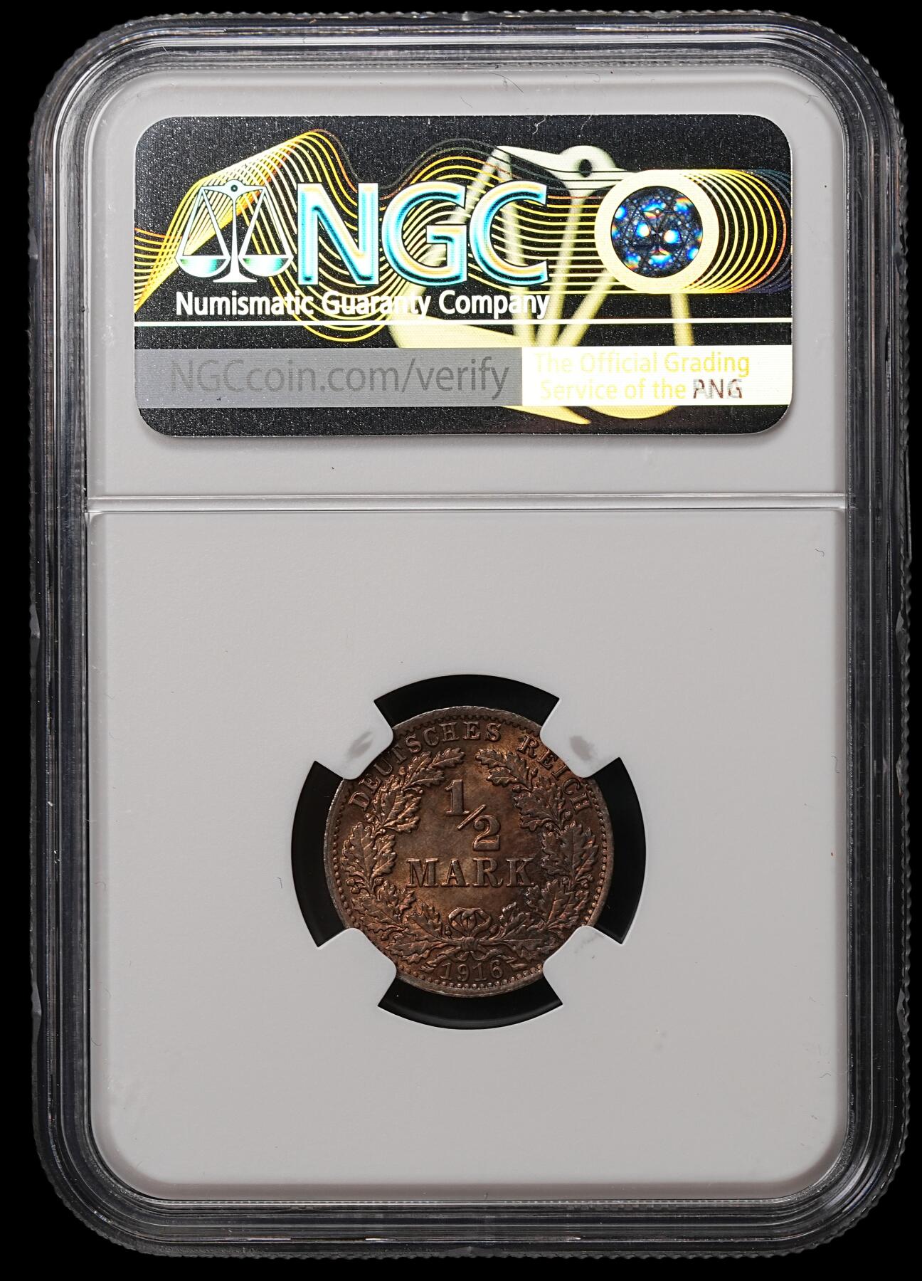 修遠堂世界钱币第108期 NGC MS64 1916年德国1/2马克银币，A厂铭，焦糖彩