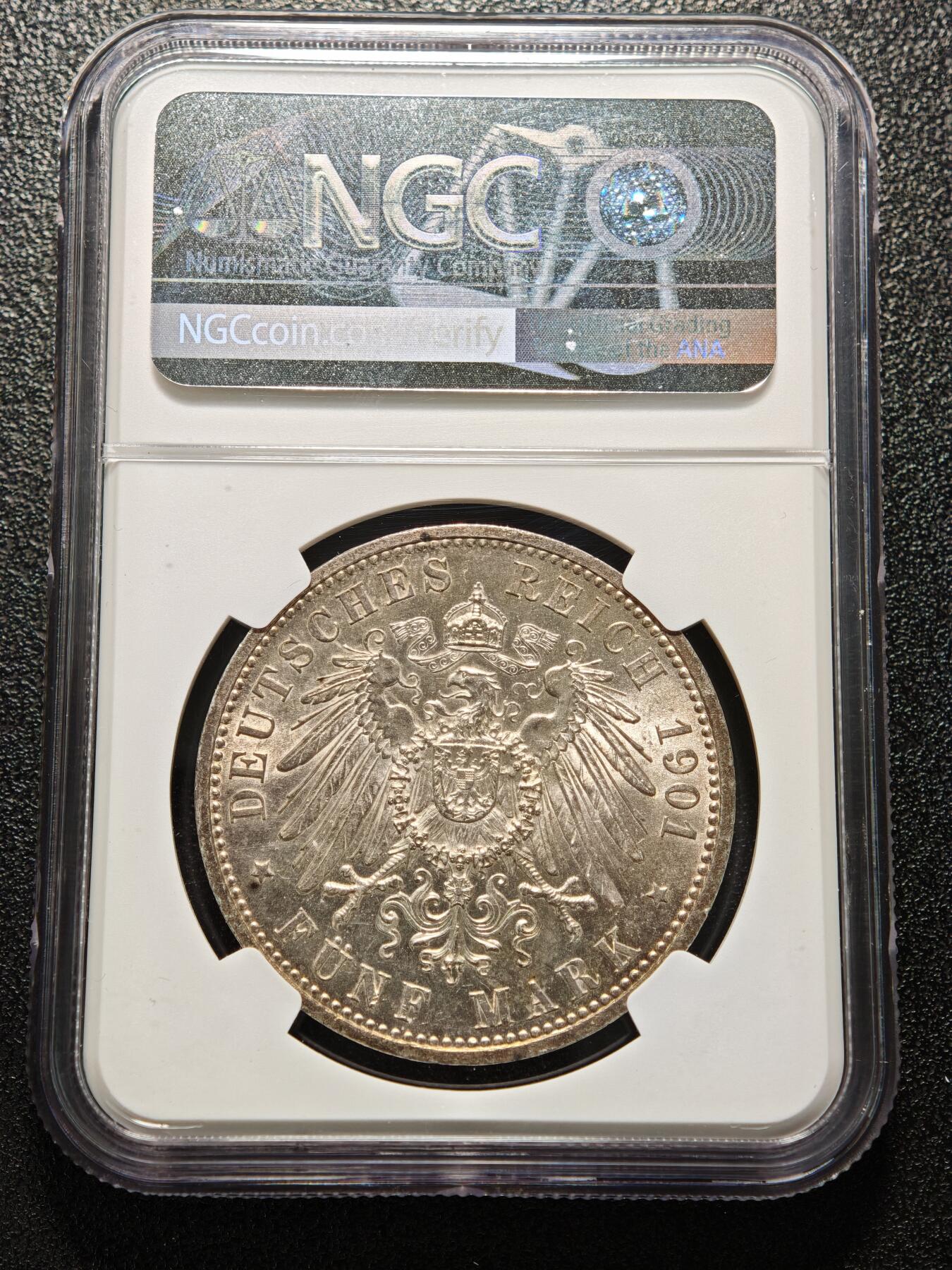 【德藏】世界币章拍卖第168期（拍品征集中~欢迎藏友联系） 1901年 德国普鲁士建国200周年5马克大银币 NGC MS64 深五彩包浆 极其漂亮