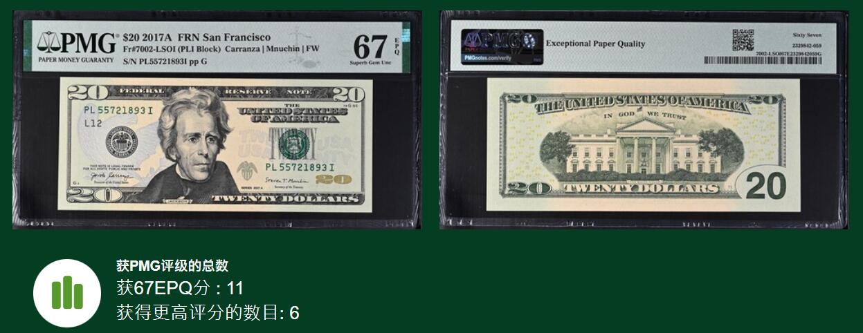 《艾美收藏》第237期-3.22周日外币强钞白金场 2017A年彩版20美元PMG67E亚军分无4 冠军68分仅6张