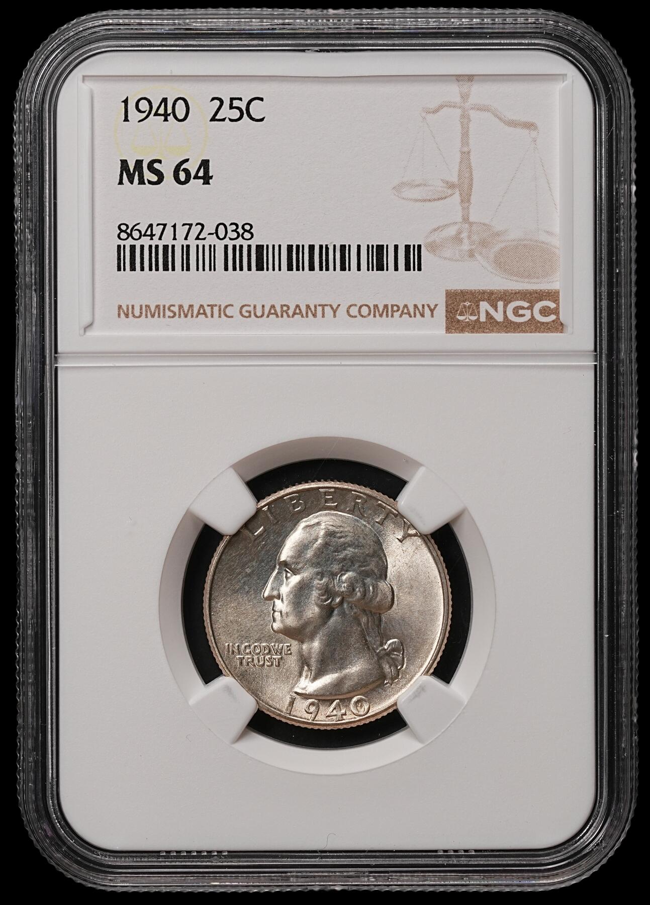 修遠堂世界钱币第108期 NGC MS64 1940年美国25美分银币