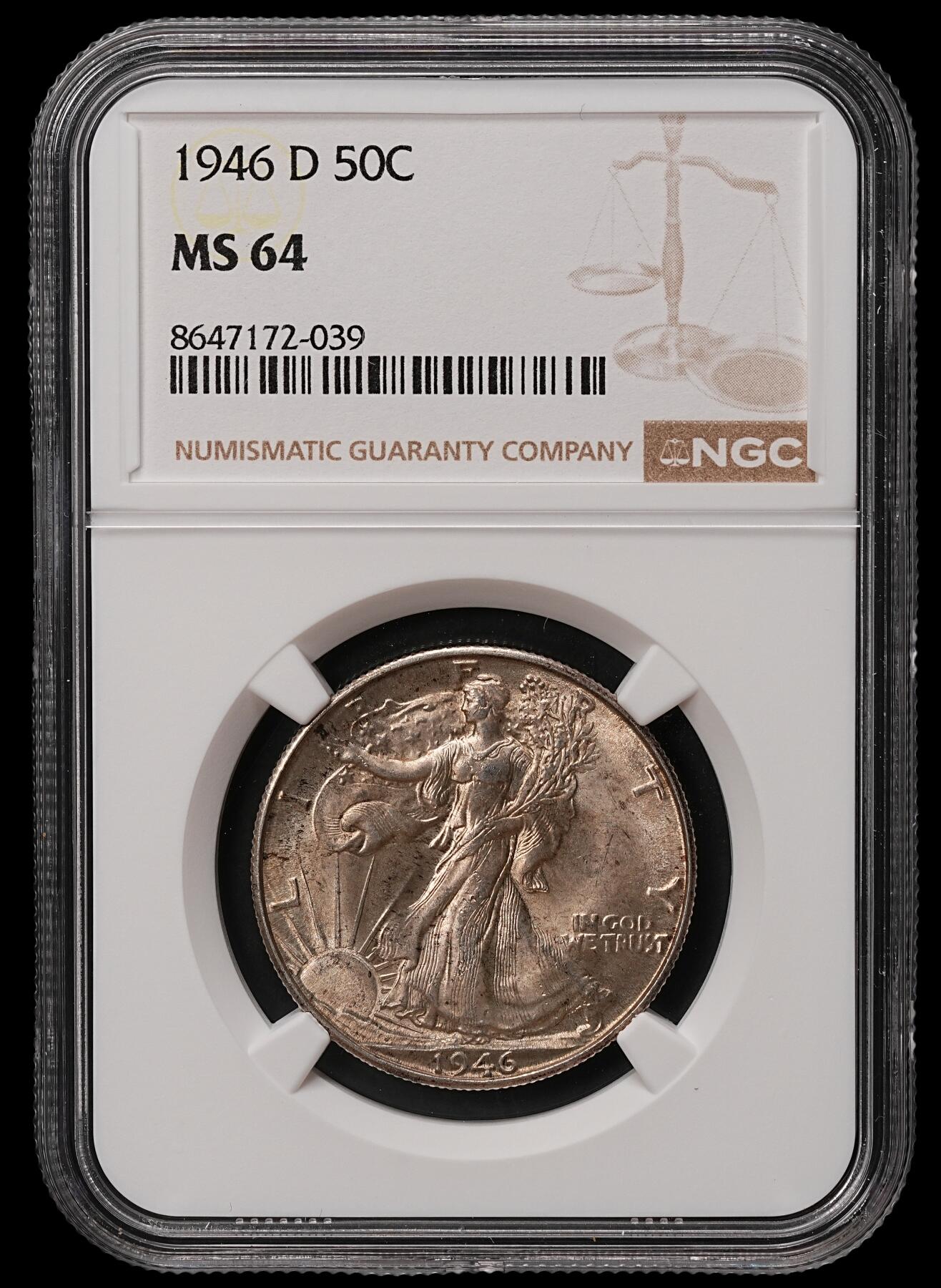 修遠堂世界钱币第108期 NGC MS64 1946年美国50美分银币，D厂铭