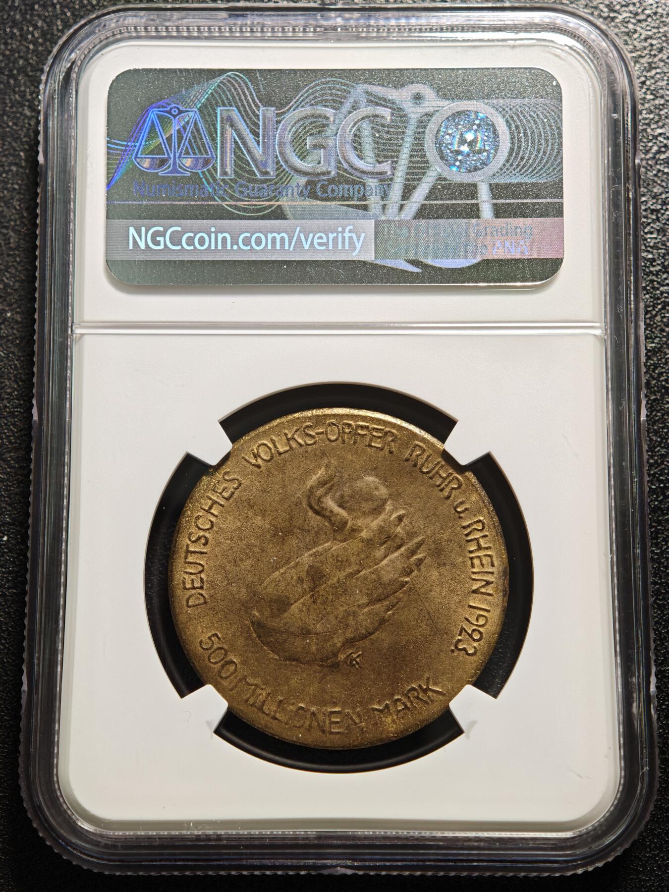【德藏】世界币章拍卖第168期（拍品征集中~欢迎藏友联系） 1923年 德国德紧时期鲁尔与莱茵地区5亿马克镀金铜币 名家卡尔歌茨作品 NGC MS62 名家作品 值得拥有
