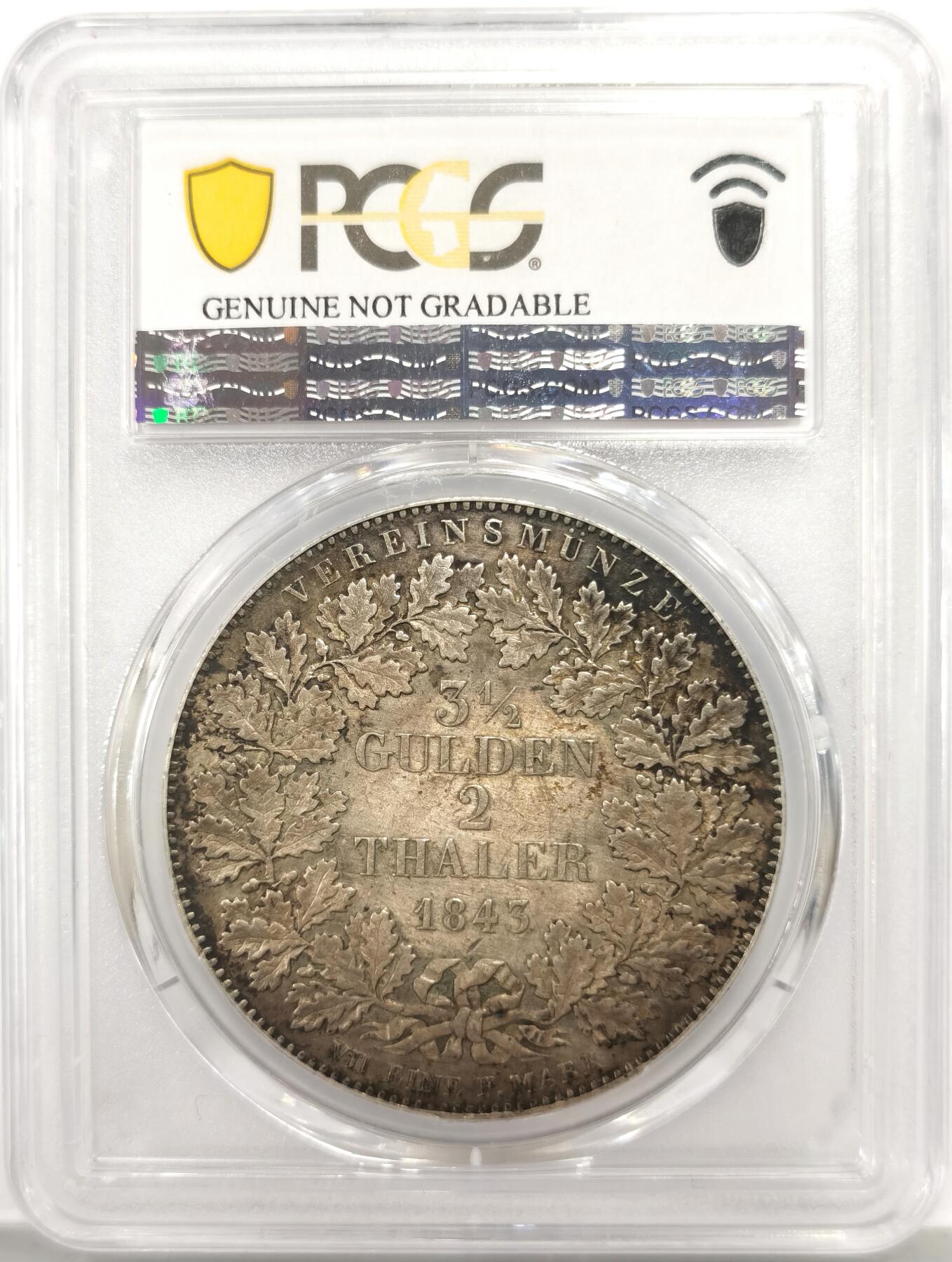 博洋堂世界钱币拍卖第165期（全场包邮） PCGS AU 德国法兰克福1843年城市景观2泰勒大银币