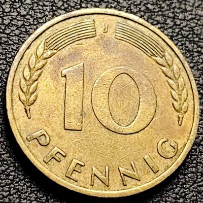 泉币菌-第214场-二月二 龙抬头 专场 拍品多 请提前出价（工作最近较忙 发货不及时，望理解） - 联邦德国1950年 10芬尼硬币 橡树麦穗 银行版 21.5mm