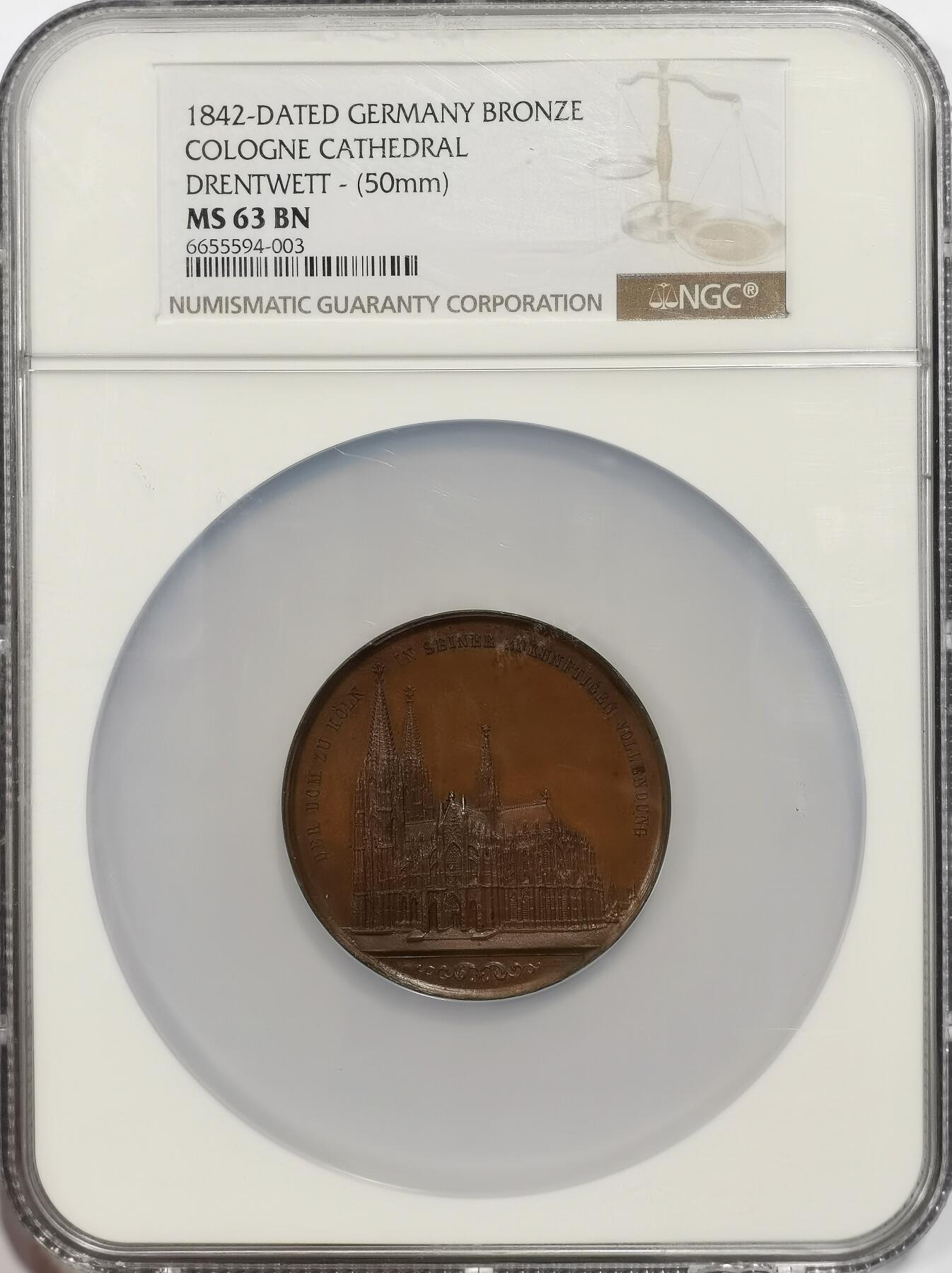 博洋堂世界钱币拍卖第165期（全场包邮） NGC MS63BN 德国1842年科隆大教堂纪念大铜章，50mm，1842年是其建设史上的一个重要节点：普鲁士国王腓特烈·威廉四世于1842年下令重启大教堂的建设，并投入大量资金与资源，最终于1880年完工