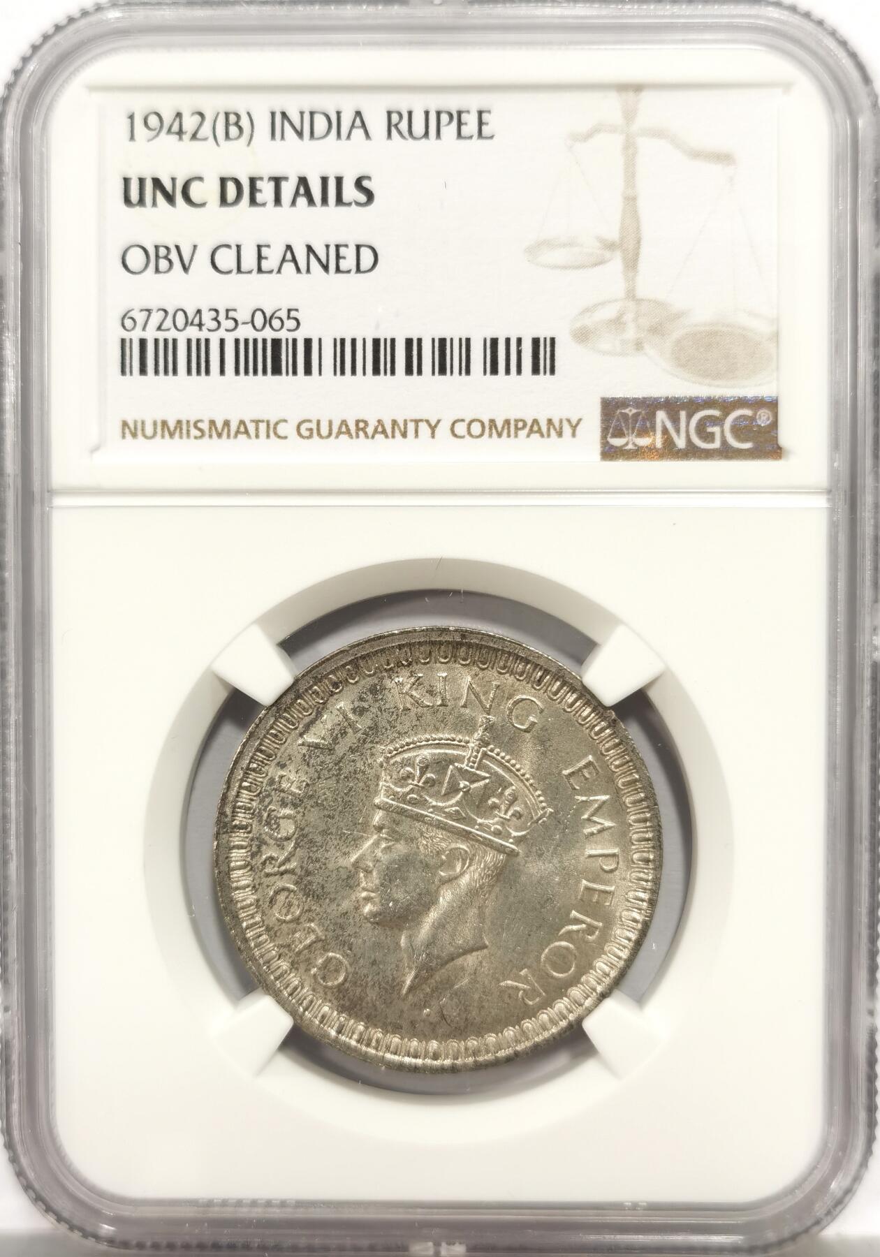 博洋堂世界钱币拍卖第165期（全场包邮） NGC UNCD 英属印度1942年B版乔治六世1卢比银币，币面舒适，状态极佳，疑似错杀。