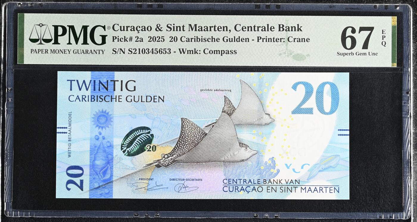 《艾美收藏》第237期-3.22周日外币强钞白金场 库拉索和圣马丁2025年首发S2冠20盾PMG67E季军分 海洋题材 Pick#2a
