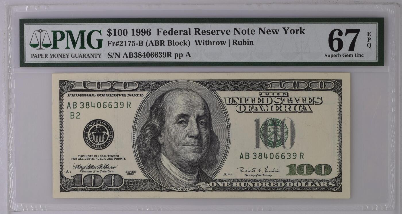 《艾美收藏》第237期-3.22周日外币强钞白金场 1996年大头版首发年份100美元PMG67E亚军分 冠军68分仅3张 老壳严评