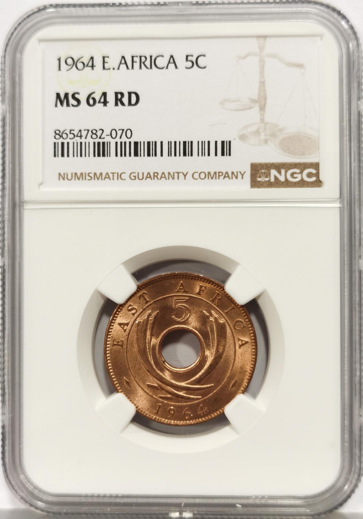 博洋堂世界钱币拍卖第165期（全场包邮） NGC MS64RD 东非1964年5分铜币