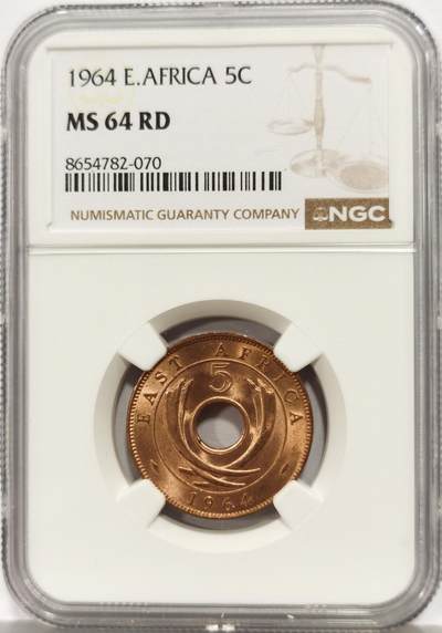 博洋堂世界钱币拍卖第165期（全场包邮） - NGC MS64RD 东非1964年5分铜币
