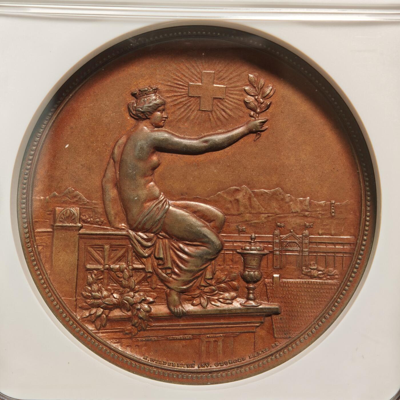 【德藏】世界币章拍卖第168期（拍品征集中~欢迎藏友联系） 1895年 瑞士温特图尔射击节女神纪念铜章 NGC MS62BN 瑞士射击节必备经典品种 包浆温润 状态极佳