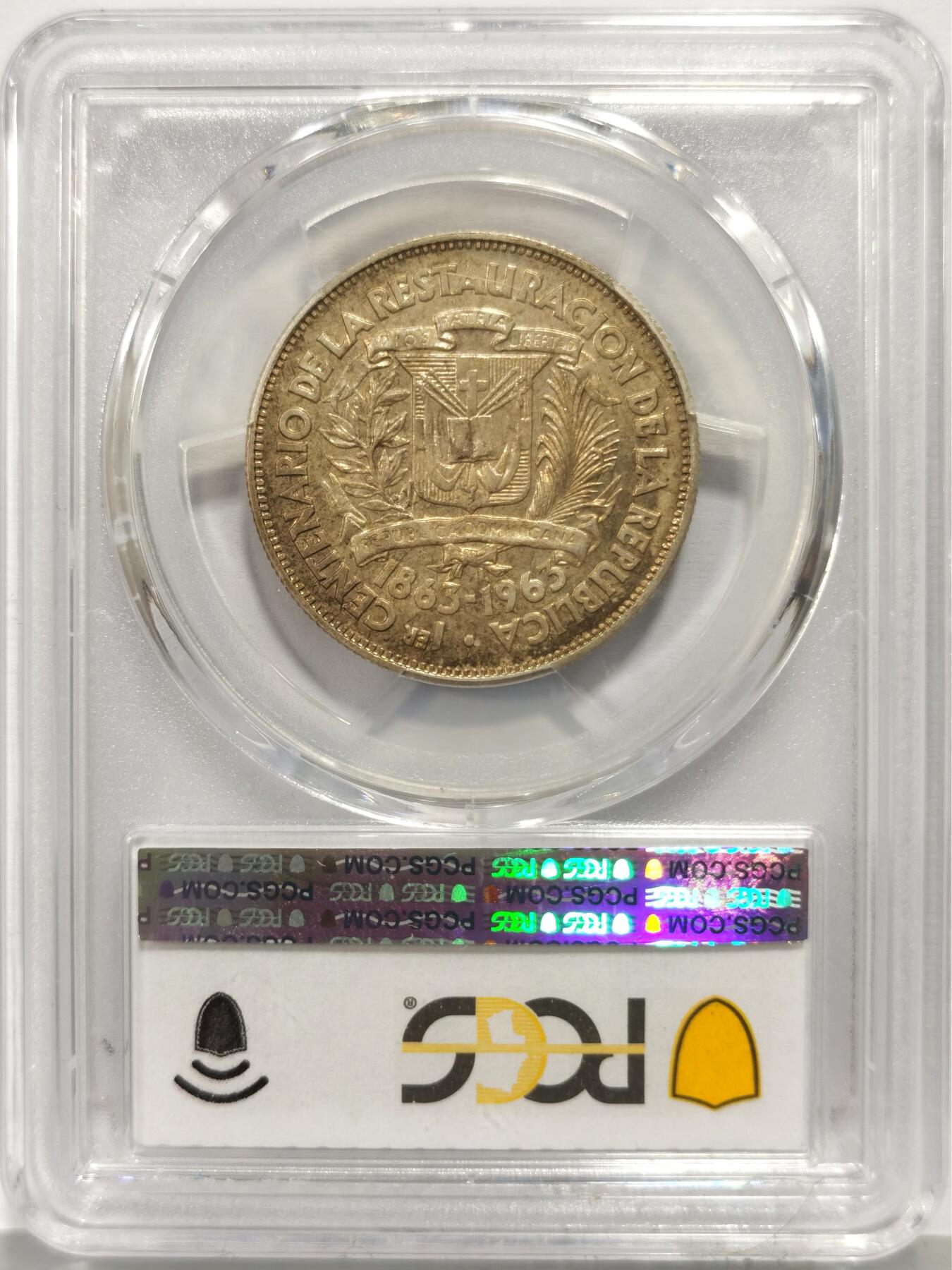 博洋堂世界钱币拍卖第165期（全场包邮） PCGS SP64 多米尼加1963年共和国的恢复纪念1/2比索银币，King's Norton造币厂留厂样币