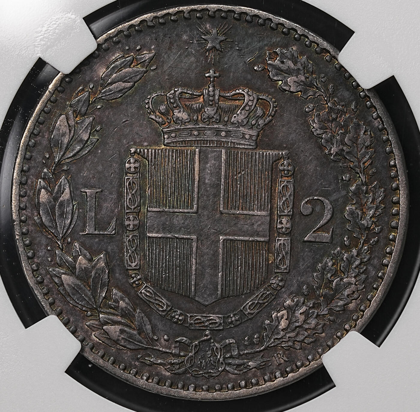 修遠堂世界钱币第108期 NGC AU50 1887年意大利2里拉银币，厚重老包浆，早期年份有分不易