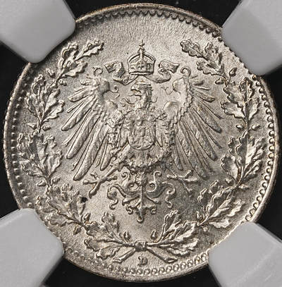 修遠堂世界钱币第108期 - NGC MS66 1916年德国1/2马克银币 D厂铭