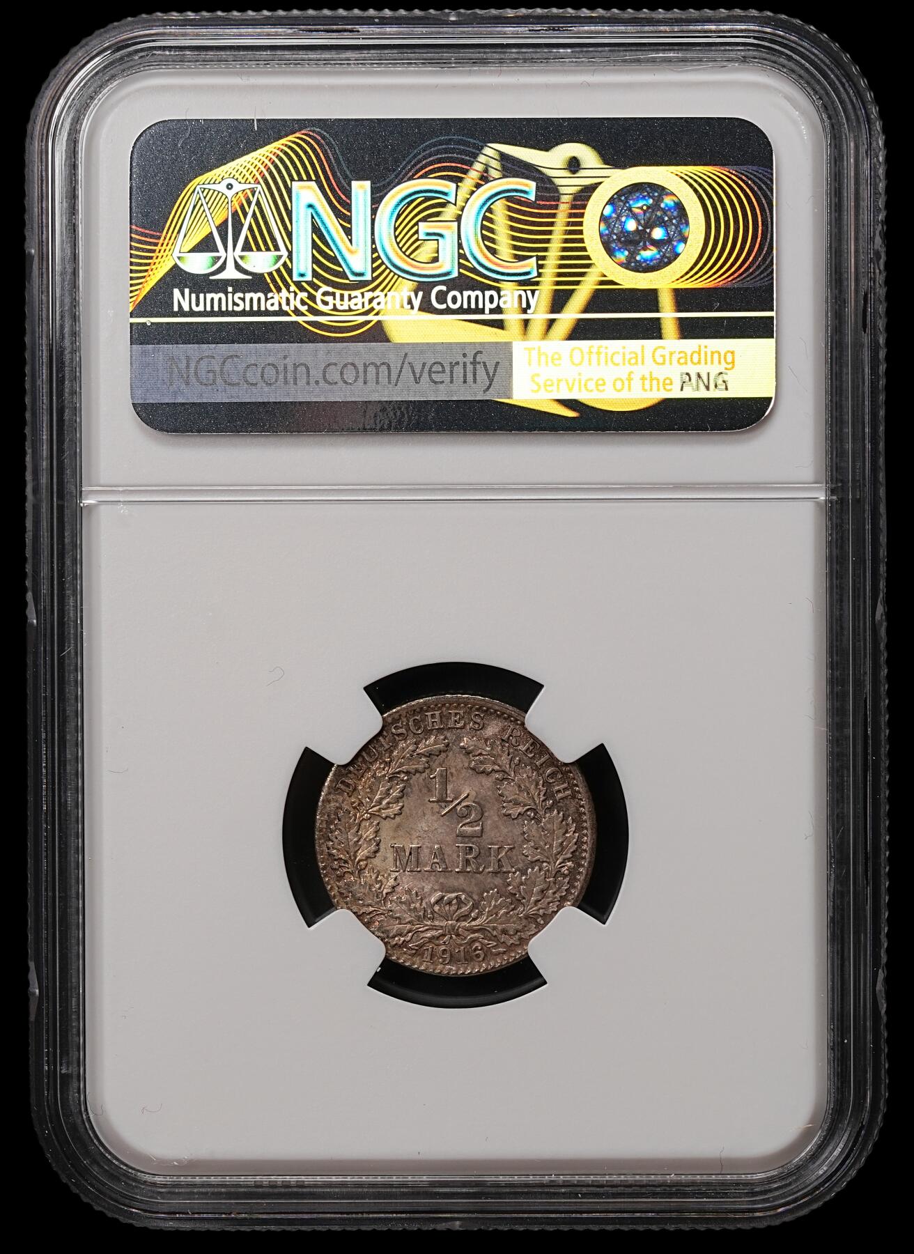 修遠堂世界钱币第108期 NGC MS65 1916年德国1/2马克银币，D厂铭