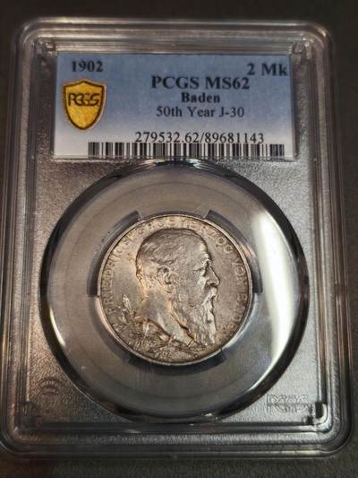 国内外机制币银元拍场 小精品场 - PCGS MS62巴登大公国2马克淡淡的欧洲彩