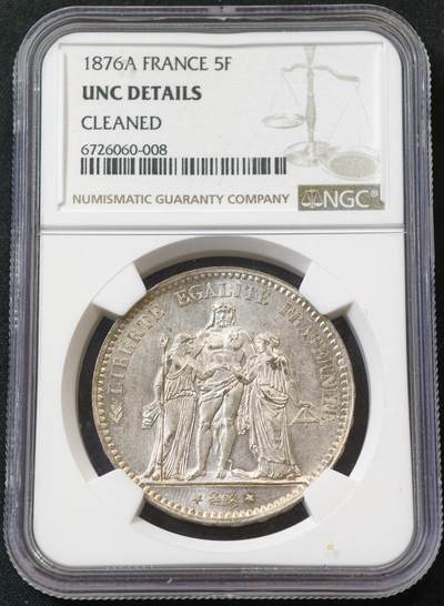 甄臻铺-世界币章拍卖（第55期），3月28日甄品场（直播拍卖）拍品征集中，送拍享返佣金等优惠多多 - NGC-UNCD 法国1876年5法郎大力神银币 ，底板细节完美