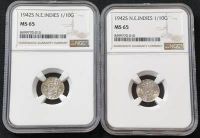 甄臻铺-世界币章拍卖（第55期），3月28日甄品场（直播拍卖）拍品征集中，送拍享返佣金等优惠多多 - NGC-MS65 1942年荷属东印度1/10盾两枚一组，卷拆品相，顶级分数