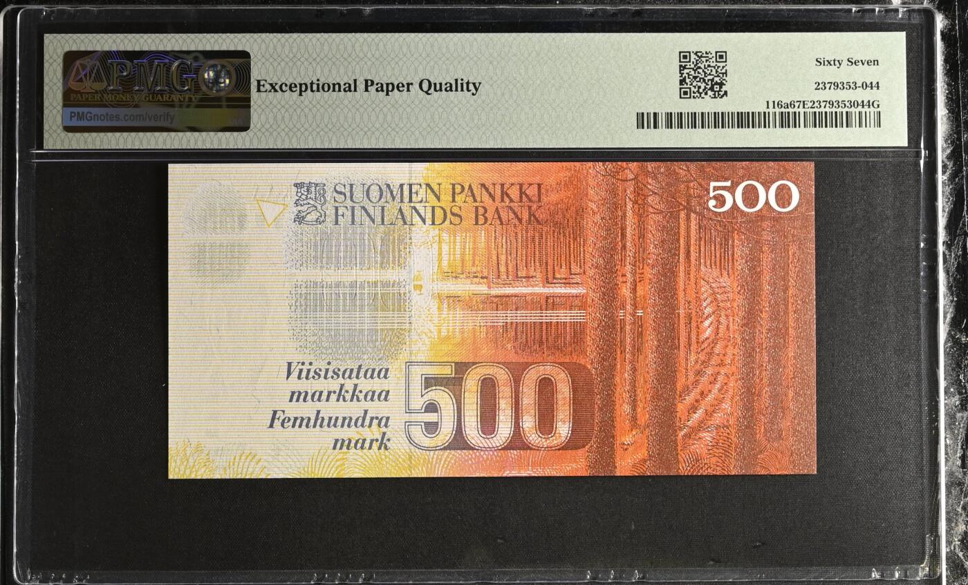 《艾美收藏》第237期-3.22周日外币强钞白金场 芬兰1986年初版500马克次高值PMG67E高分尾8 初版无LittleA版本 更高分仅4张 芬兰文学家伦罗特 Pick#116a