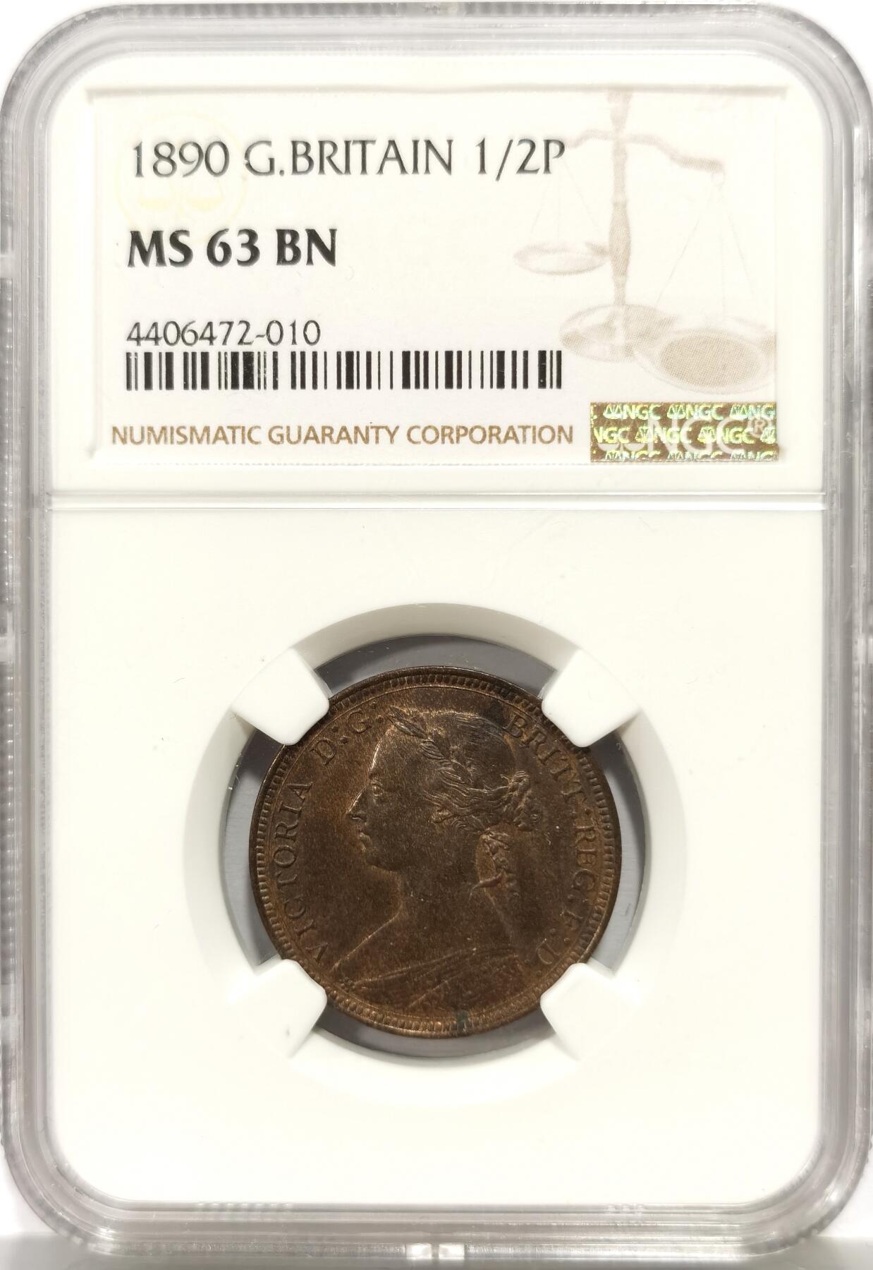 博洋堂世界钱币拍卖第165期（全场包邮） NGC MS63BN 英国1890年维多利亚1/2便士铜币