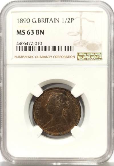 博洋堂世界钱币拍卖第165期（全场包邮） - NGC MS63BN 英国1890年维多利亚1/2便士铜币
