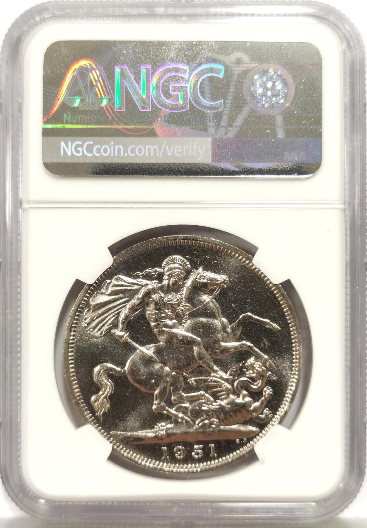 博洋堂世界钱币拍卖第165期（全场包邮） NGC PL64 英国1951年乔治六世镍马剑，币面清爽干净又舒适，转光强烈细节优秀，状态佳。