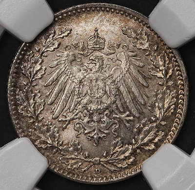 修遠堂世界钱币第108期 - NGC MS65 1916年德国1/2马克银币，D厂铭