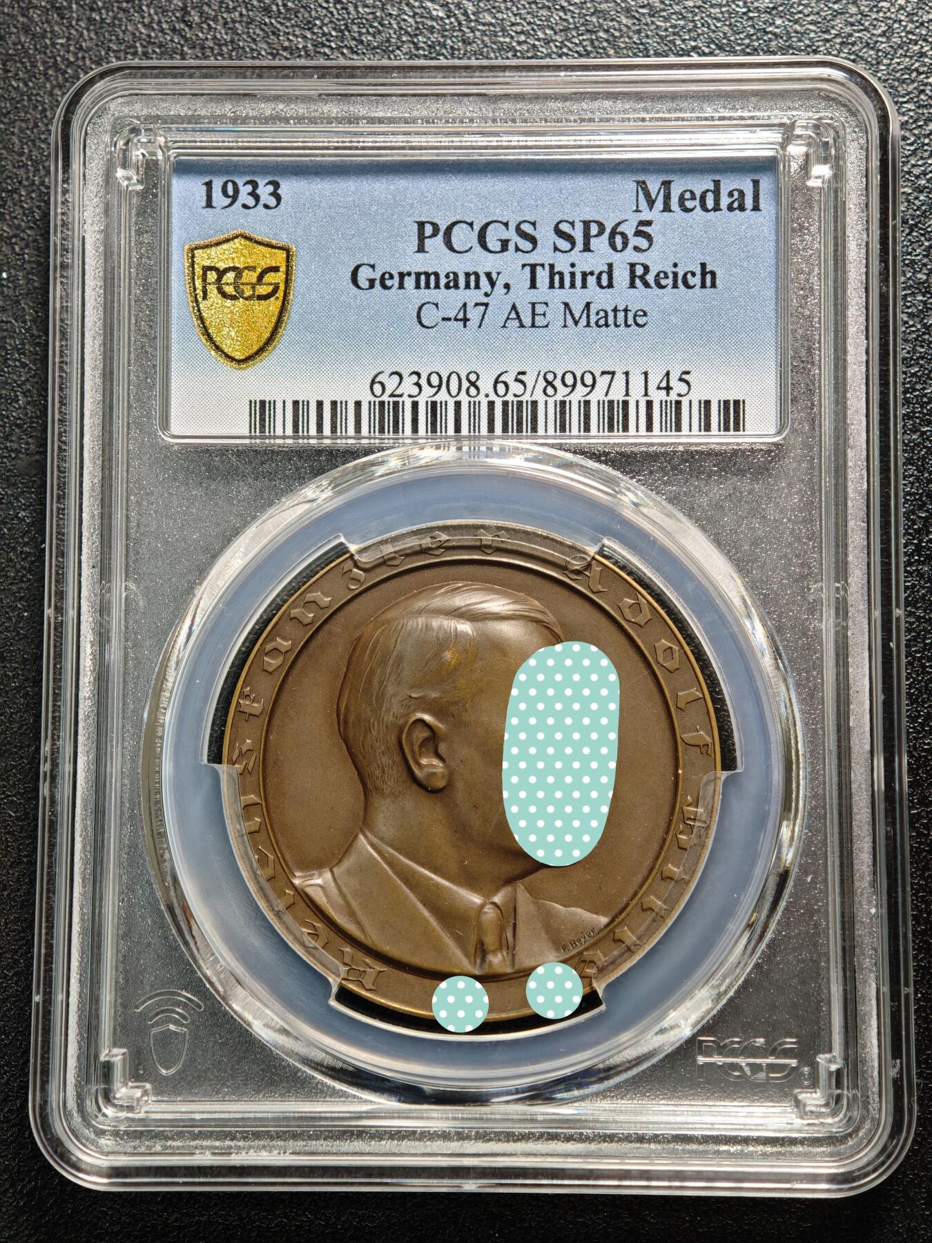 【德藏】世界币章拍卖第168期（拍品征集中~欢迎藏友联系） 1933年 德国民族社会主义工人党党首执政大事记念铜章 PCGS SP65 巧克力色包浆（原图请查询PCGS评级官网）