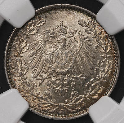 修遠堂世界钱币第108期 - NGC MS64 1914年德国1/2马克银币，J厂铭，较少见年份厂铭，五彩
