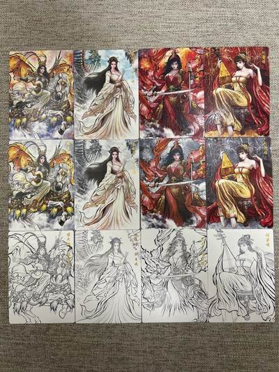 喜灰玩卡拍卖第五期，接拍品0佣金，欢迎送拍，释放现金流，让自己有资金可以购买更多喜欢的卡牌，让别的卡友能淘到更多心仪的卡牌 - 齐卡 张建东水浒 特卡一组：扈三娘、仇琼英、张贞娘、阎婆惜原画、水墨、线稿、一组12张 精雕普卡