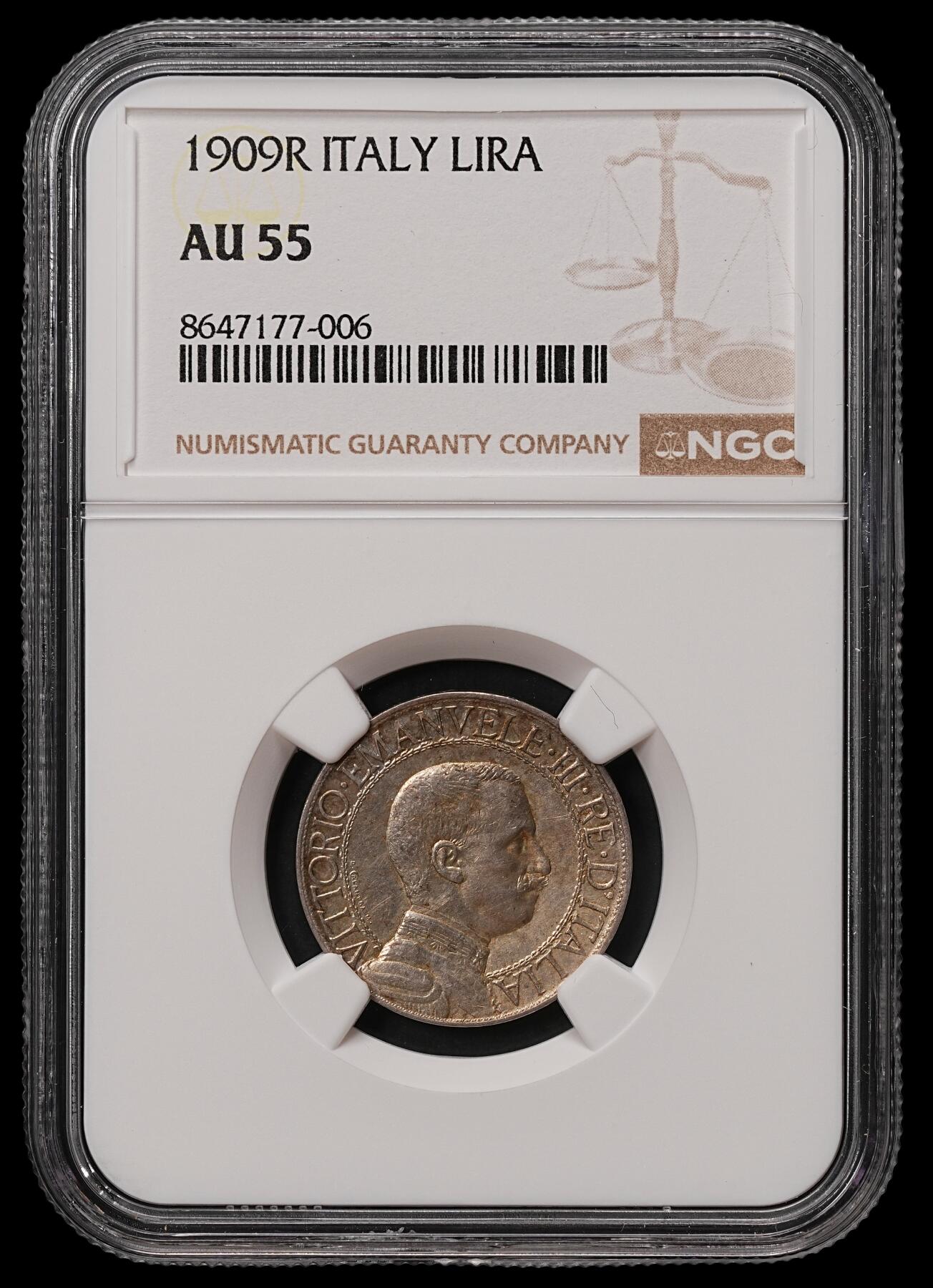 修遠堂世界钱币第108期 NGC AU55 1909年意大利马车1里拉银币，少见的早期圈版年份