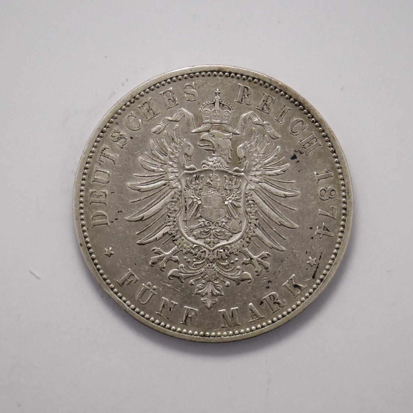 观钱 近现代机制币拍卖No.005（全场顺丰包邮，不区分偏远地区）  德国符腾堡王国 1874 年卡尔一世 5 马克银币，喜欢裸币的朋友不要错过