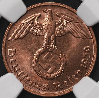 修遠堂世界钱币第108期 - NGC MS65RB 1939年德国2芬尼铜币 G厂铭