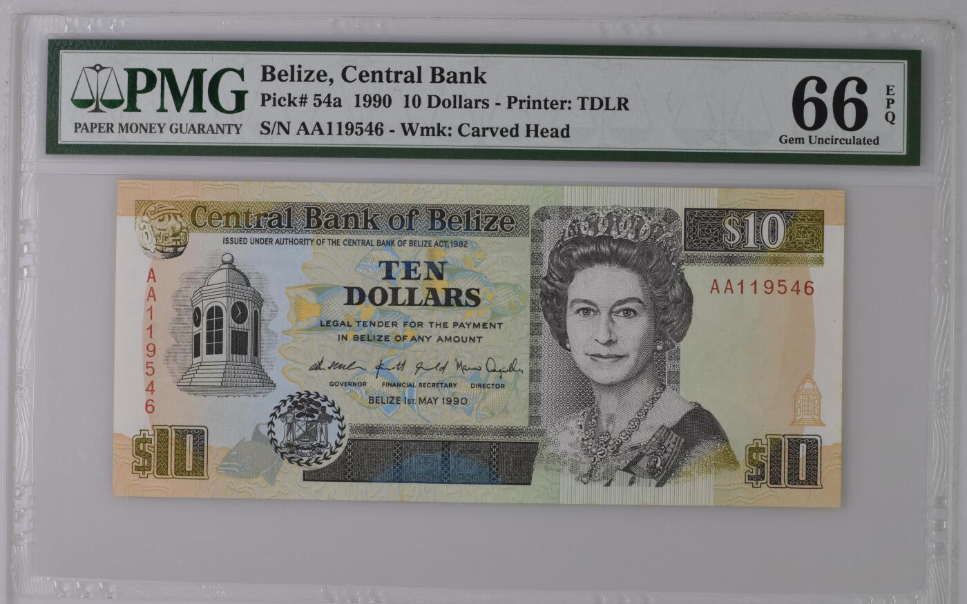 《艾美收藏》第237期-3.22周日外币强钞白金场 伯利兹1990年少见初版AA冠10镑PMG66E Pick#54a初版难得 90年左右女王钞很有味道