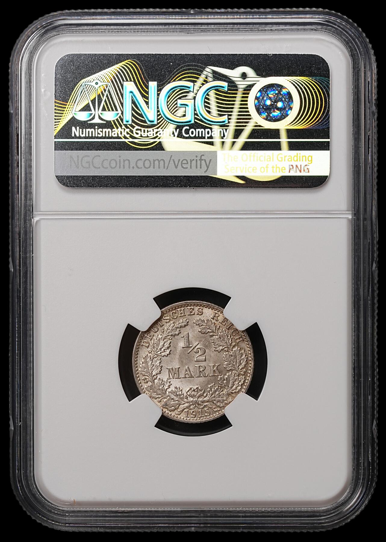 修遠堂世界钱币第108期 NGC MS66 1915年德国1/2马克银币，J厂铭