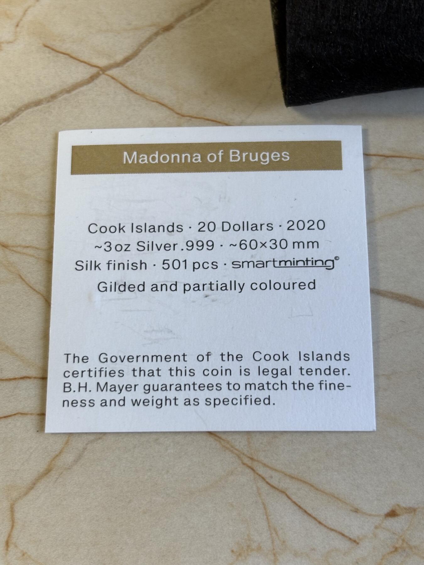 第194期拍卖 库克2020年布鲁日圣母玛利亚米开朗基罗20元镀金立体银币3盎司纪念银币，999银，发行501枚