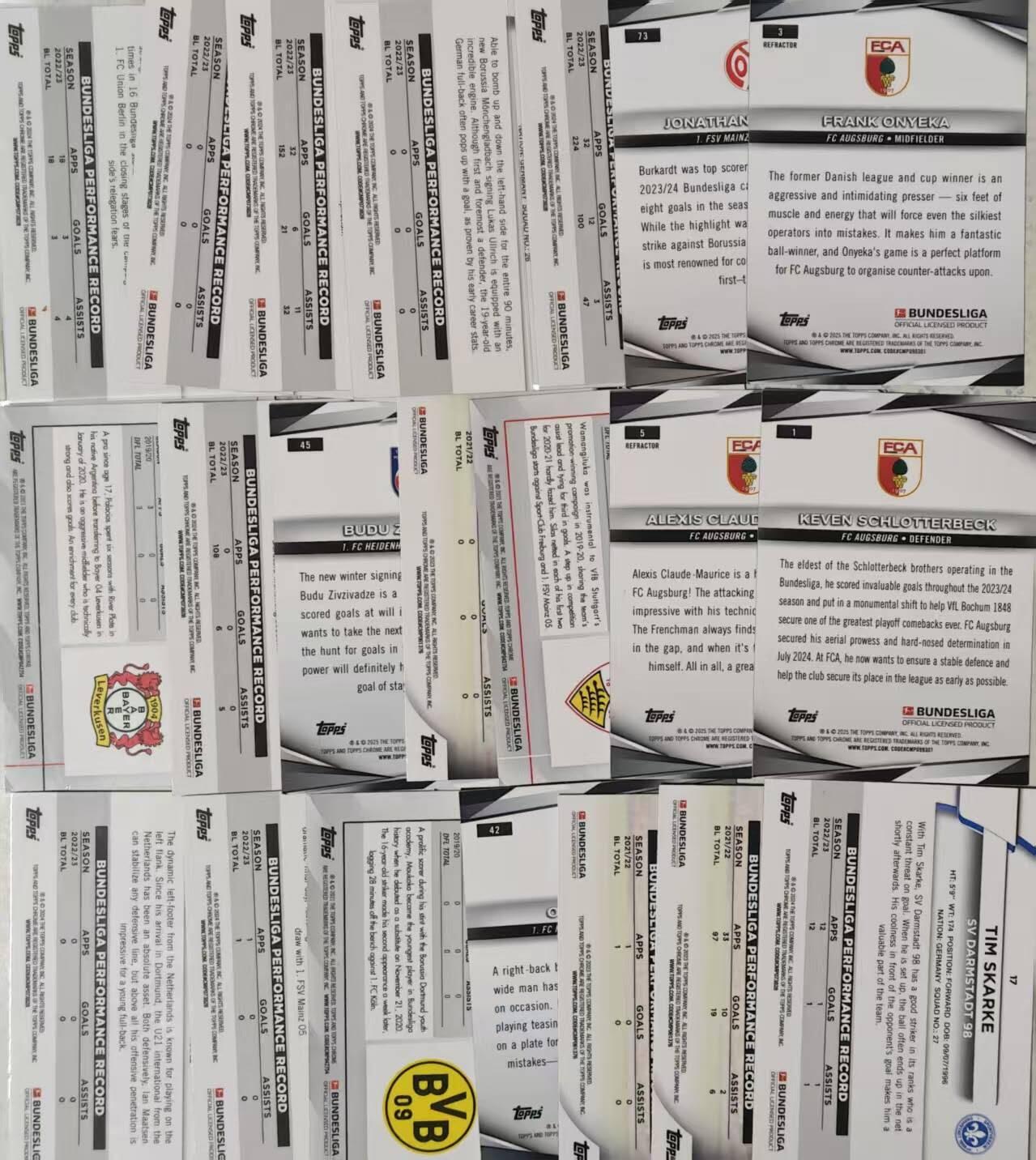 龙虎卡牌-七九场（满200元包邮，无佣金，每周六结拍，欢迎送拍） 21张 折射卡 Topps Chrome系列的欧冠足球球星卡，德甲系列