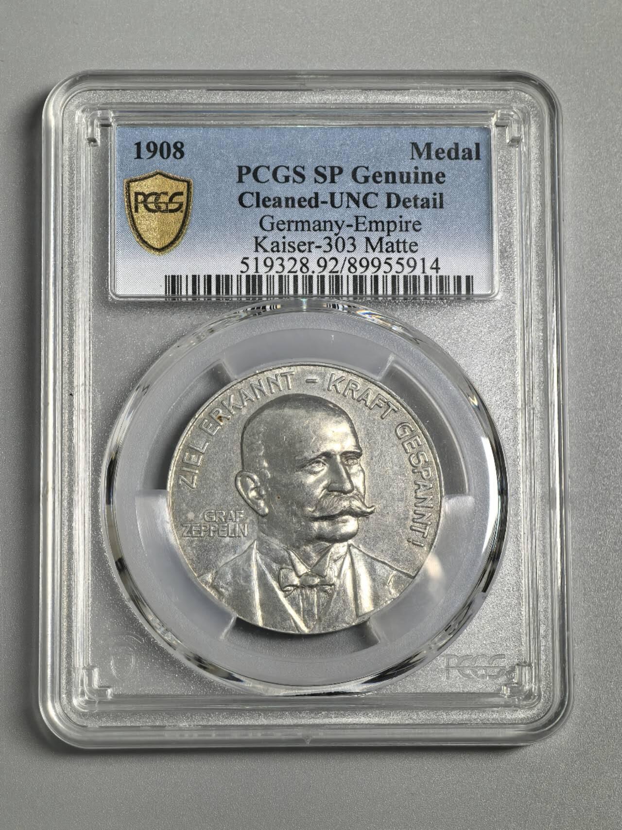 小驴勋章奖章收藏3月21日周六晚六点拍卖（珍爱和平，收藏战争，铭记历史，勿忘国耻，忠党爱国。有偿代拍，送拍规则在简介最后，参拍须阅读规则后再参拍，关系到运费包装发货时效真假辨别等关键信息，拍卖时不再发原图，看大图店主微信码在拍卖店铺介绍里） PCGS评级SP UNC评分齐柏林飞艇纪念章，由卡尔·贝格公司（吕登沙伊德）于1908年铸造，使用被毁的齐柏林飞艇LZ4的残骸金属铸造，少见