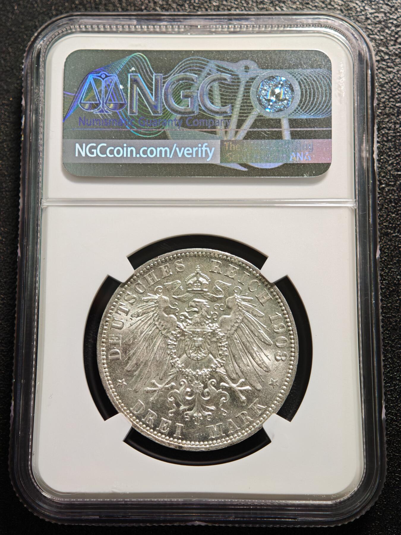 【德藏】世界币章拍卖第168期（拍品征集中~欢迎藏友联系） 1908年 德国普鲁士威廉二世3马克银币 NGC MS61 原光十足