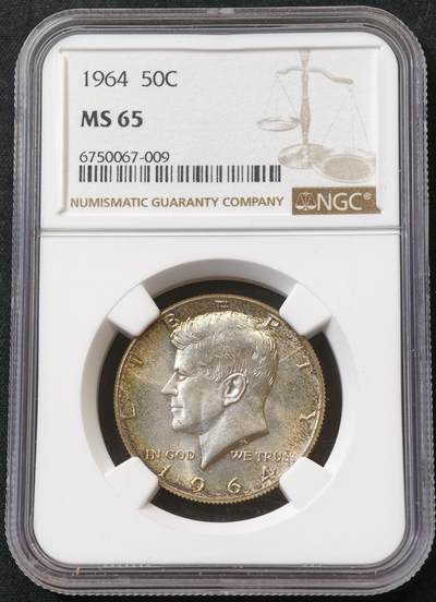 甄臻铺-世界币章拍卖（第55期），3月28日甄品场（直播拍卖）拍品征集中，送拍享返佣金等优惠多多 - NGC-MS65 1964年美国半美元，环彩包浆