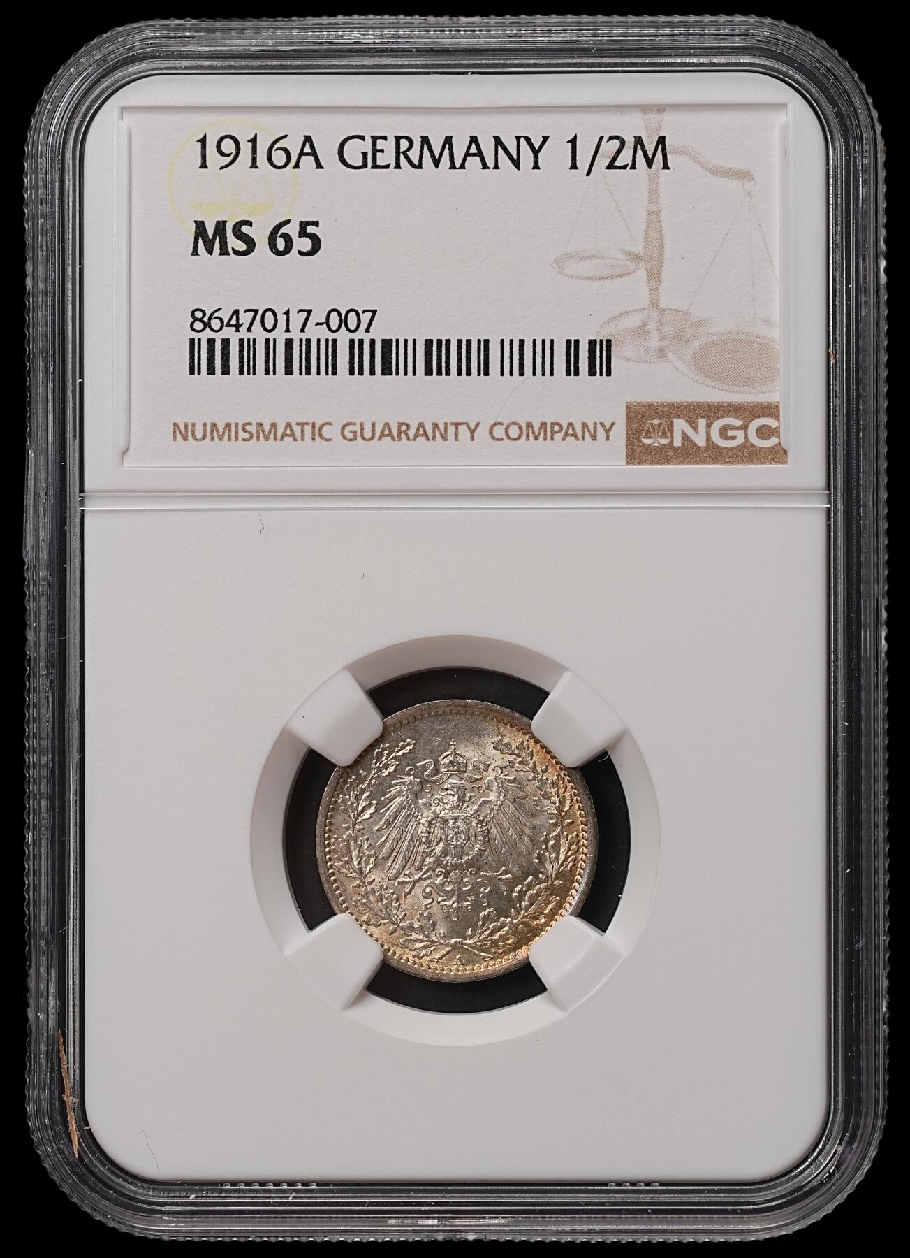 修遠堂世界钱币第108期 NGC MS65 1916年德国1/2马克银币 A厂铭，淡彩