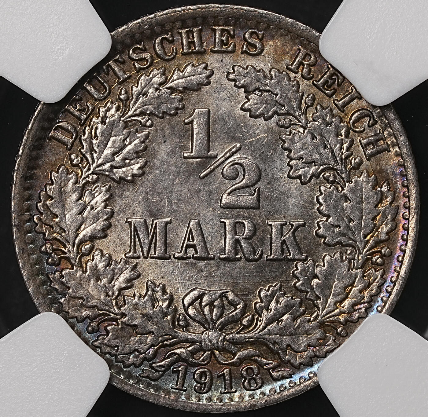 修遠堂世界钱币第108期 NGC MS64 1918年德国1/2马克银币 A厂铭 黑五彩