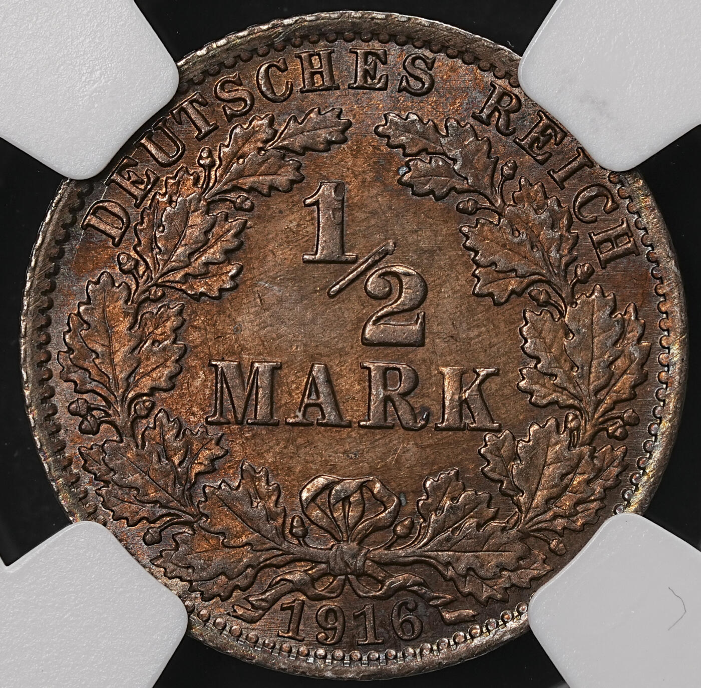 修遠堂世界钱币第108期 NGC MS64 1916年德国1/2马克银币，A厂铭，焦糖彩