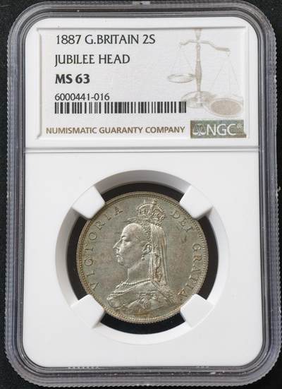 甄臻铺-世界币章拍卖（第55期），3月28日甄品场（直播拍卖）拍品征集中，送拍享返佣金等优惠多多 - NGC-MS63 1887年英国维多利亚高冠弗洛林，2先令