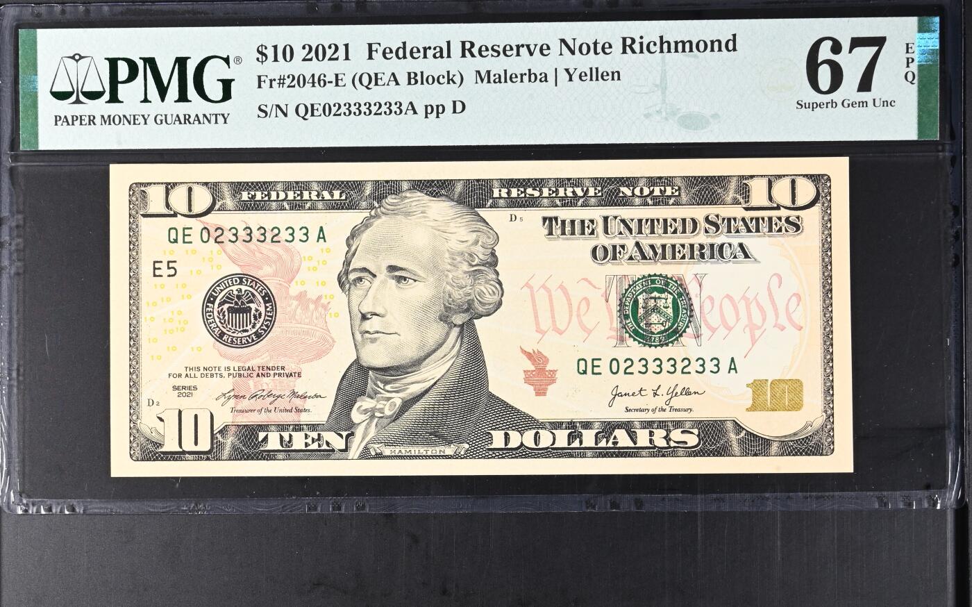《艾美收藏》第237期-3.22周日外币强钞白金场 2021年彩版10美元PMG67E冠军分 数三023全小号组合