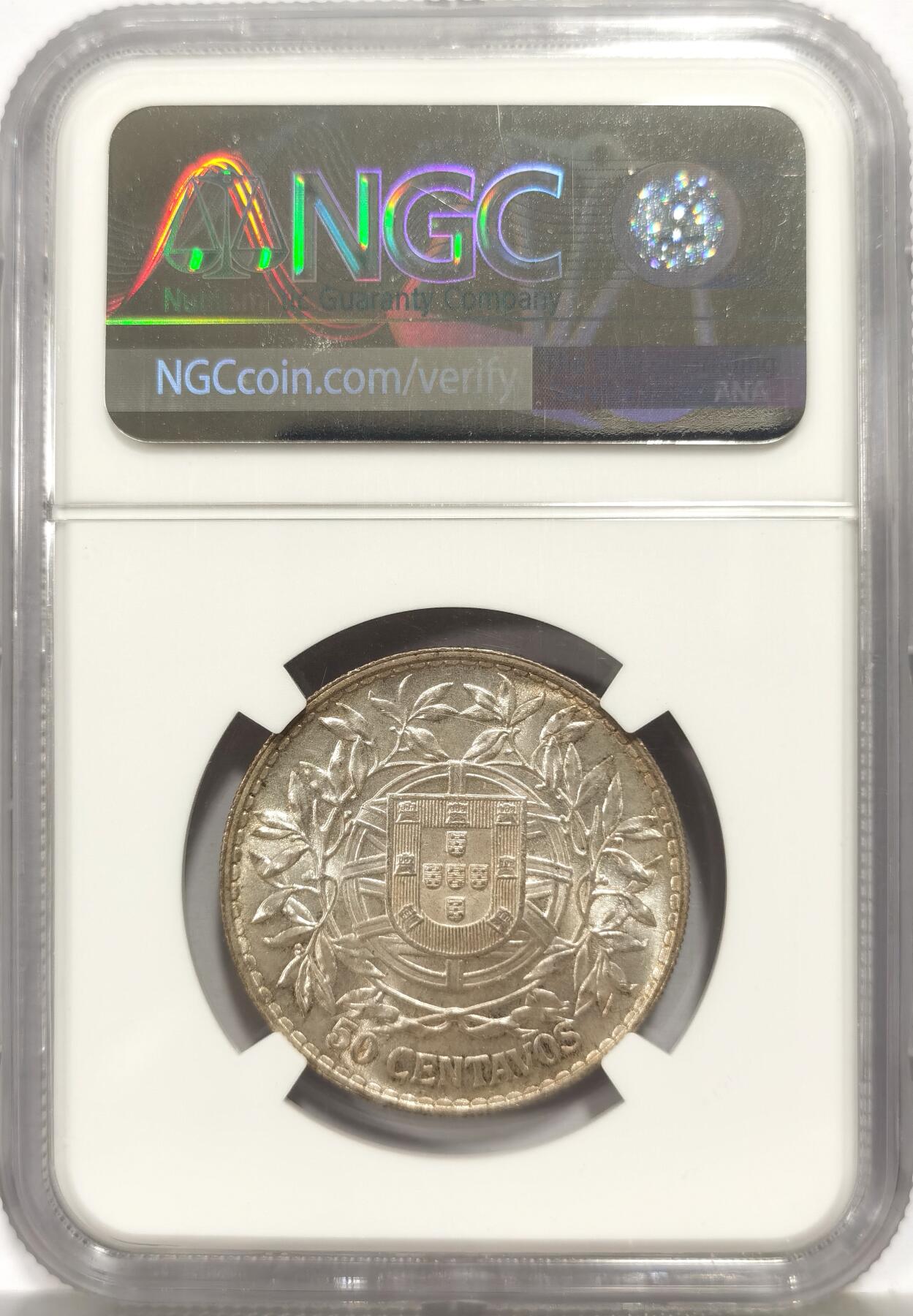 博洋堂世界钱币拍卖第165期（全场包邮） NGC MS62 葡萄牙1916年自由女神50分纪念银币，原汁原味老包浆，状态极佳。