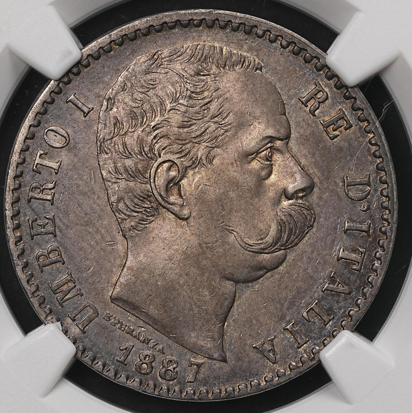 修遠堂世界钱币第108期 NGC AU50 1887年意大利2里拉银币，厚重老包浆，早期年份有分不易